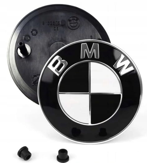 BMW EMBLEMAT 82mm NA MASKE KLAPE ZNACZEK LOGO + TULEJKI E60 E61 E90 E91 E92