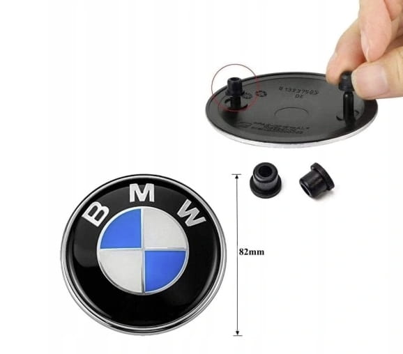 BMW EMBLEMAT 82mm NA MASKE KLAPE ZNACZEK LOGO + TULEJKI E60 E61 E90 E91 E92