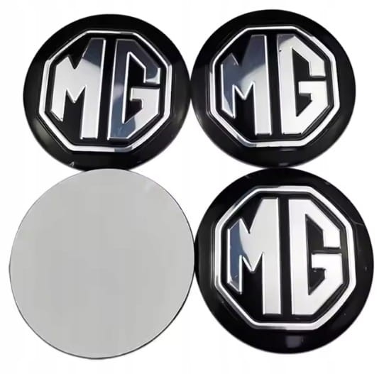MG NAKLEJKI EMBLEMATY LOGO ZNACZKI NA KOŁPAKI DEKIELKI 56mm ALUMINIOWE 4szt.